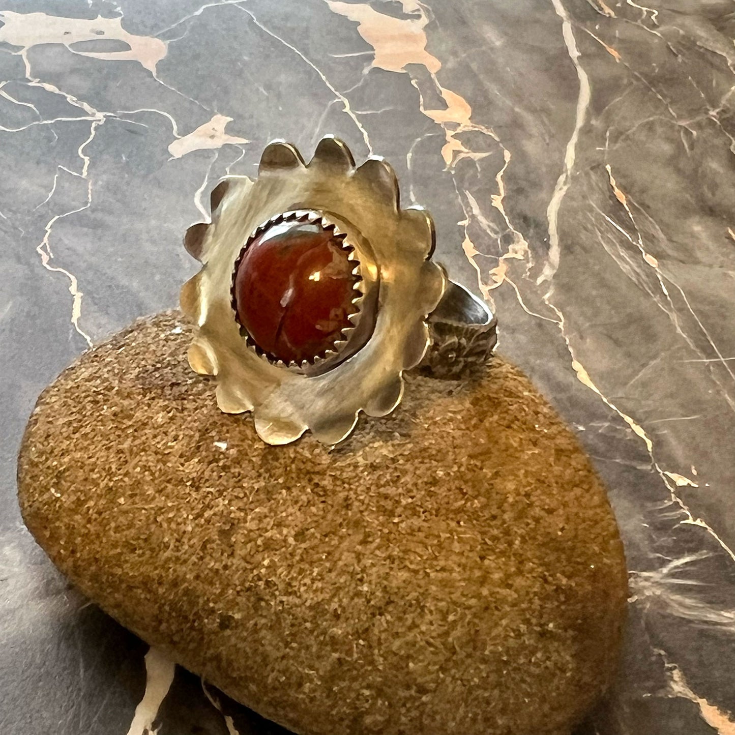 STERLING SILVER RED JASPER FLOWER RING - MOTHER EARTH TALISMAN