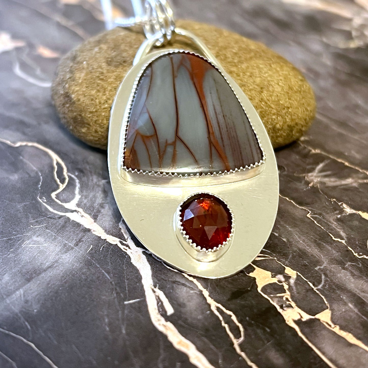 STERLING SILVER RED STRIPE JASPER GARNET NECKLACE - MOTHER EARTH TALISMAN
