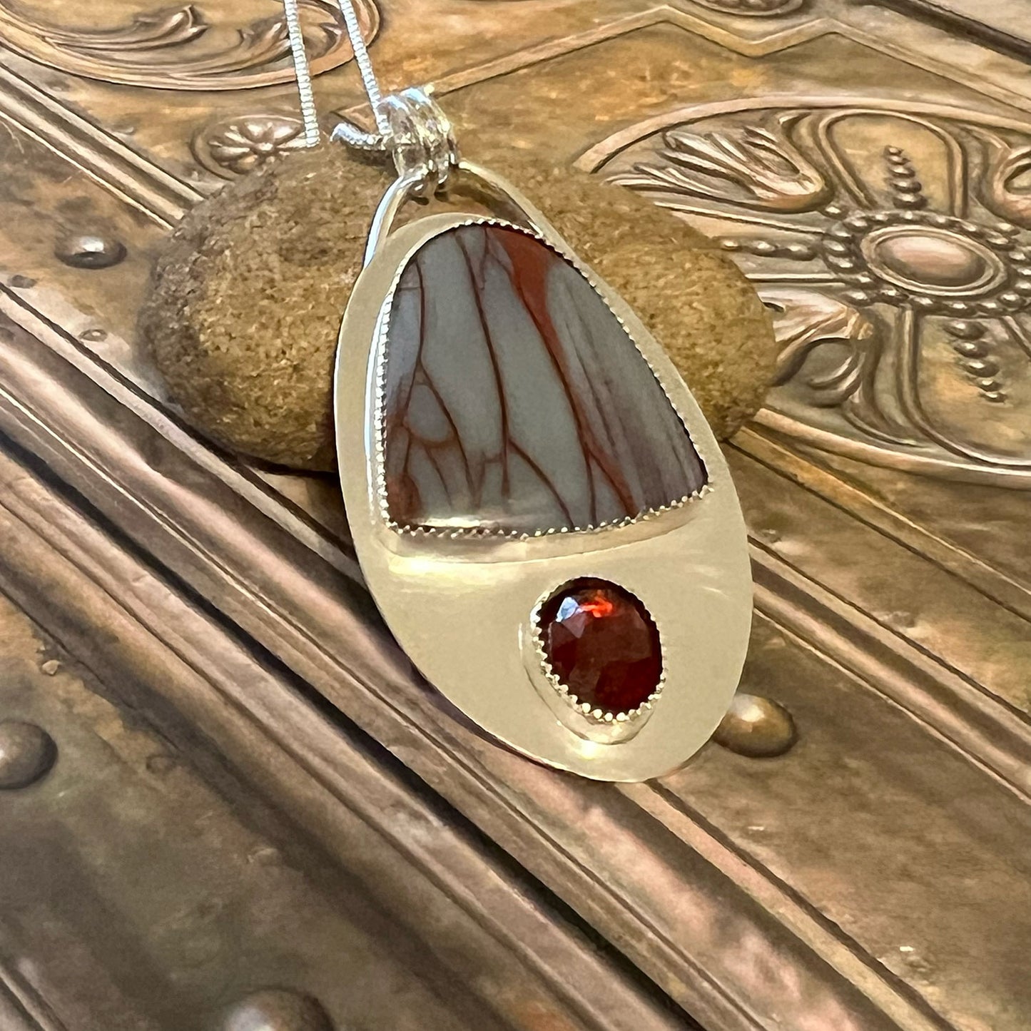 STERLING SILVER RED STRIPE JASPER GARNET NECKLACE - MOTHER EARTH TALISMAN