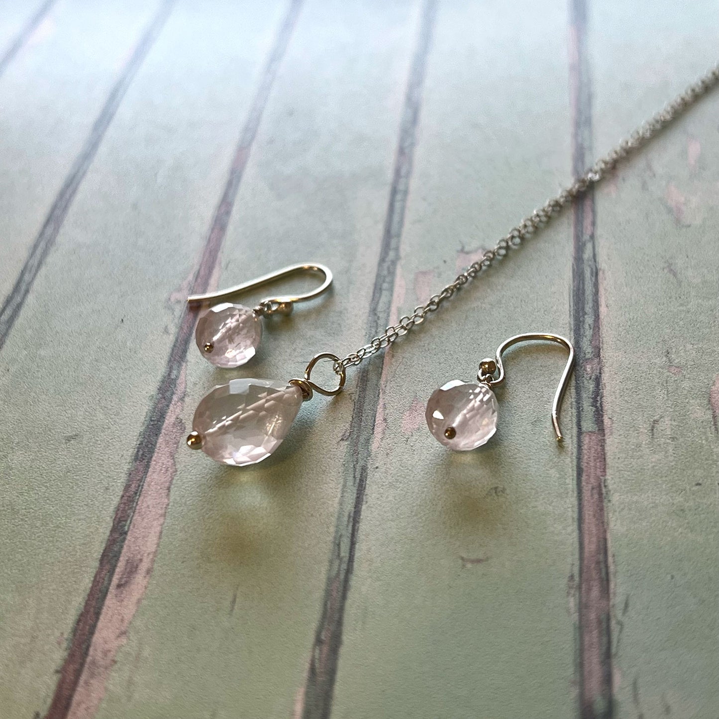 STERLING SILVER ROSE QUARTZ NECKLACE/EARRINGS - OPEN YOUR HEART TALISMAN