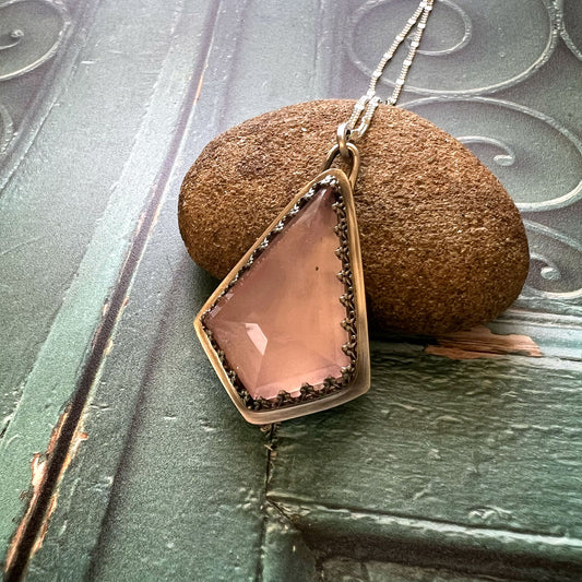 STERLING SILVER ROSE QUARTZ KITE NECKLACE - OPEN YOUR HEART TALISMAN