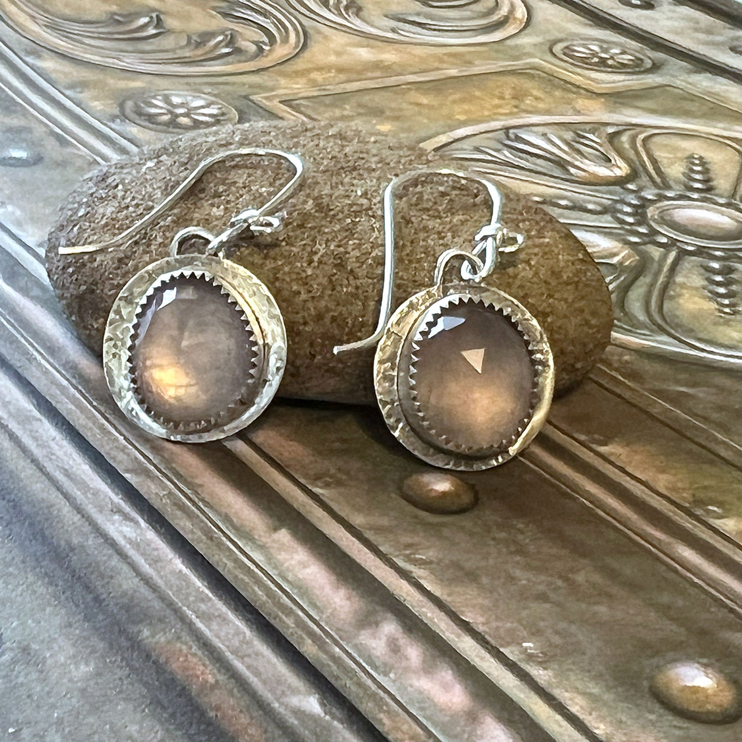 STERLING SILVER ROSE QUARTZ BEZEL EARRINGS - OPEN YOUR HEART TALISMAN