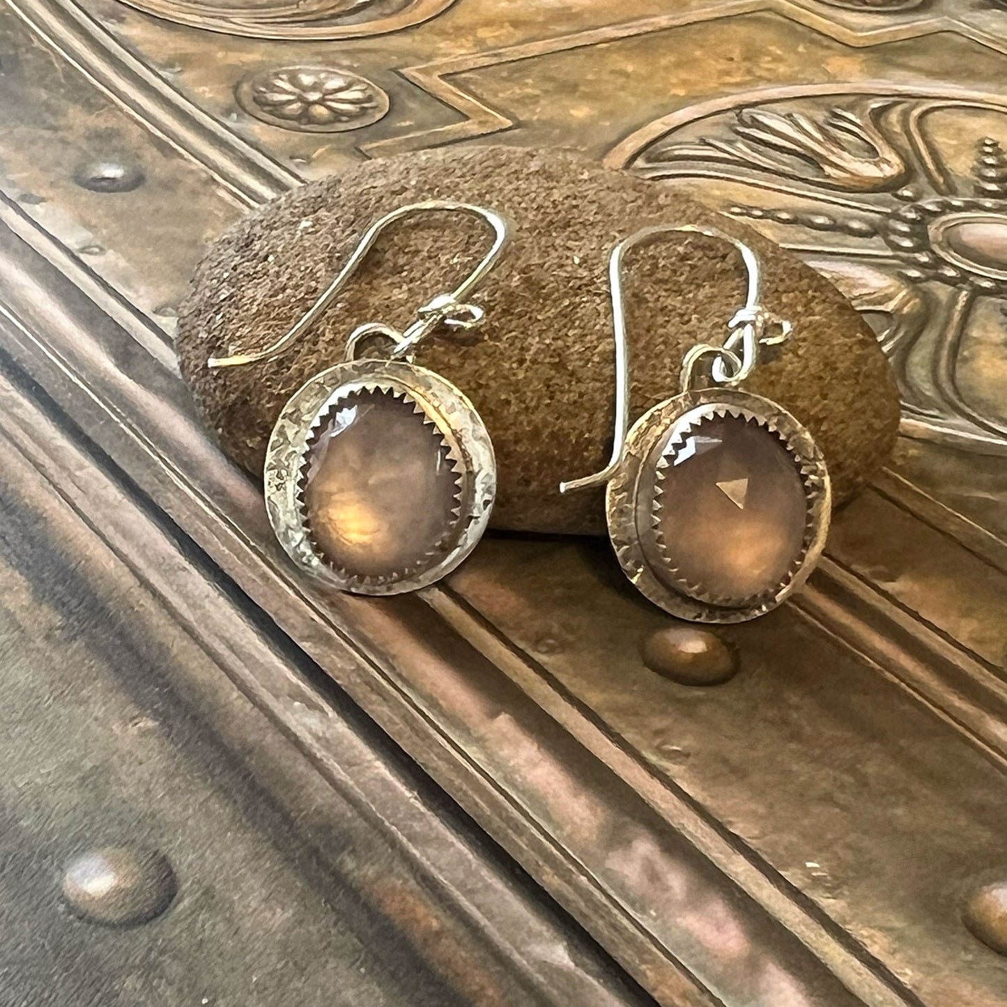 STERLING SILVER ROSE QUARTZ BEZEL EARRINGS - OPEN YOUR HEART TALISMAN