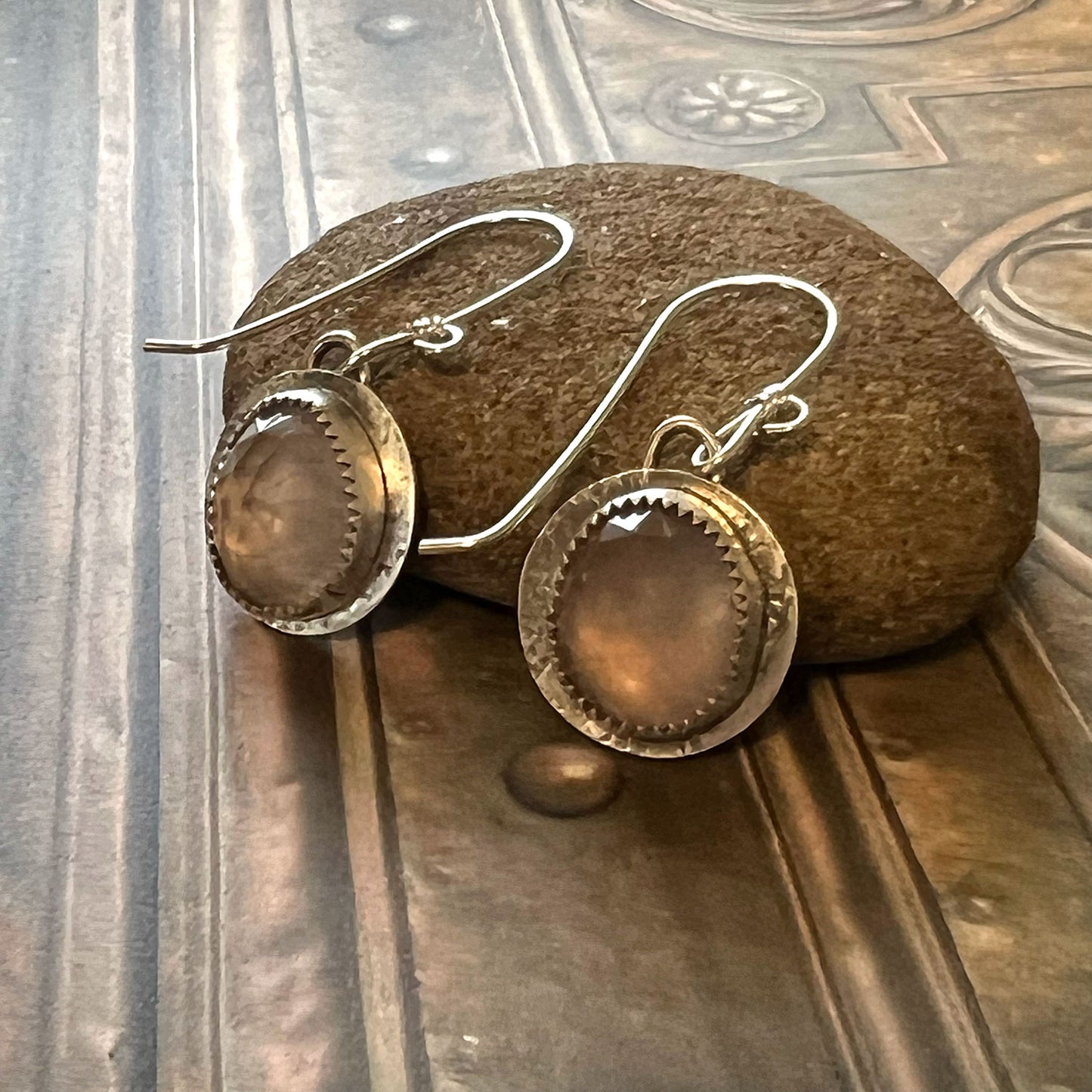 STERLING SILVER ROSE QUARTZ BEZEL EARRINGS - OPEN YOUR HEART TALISMAN