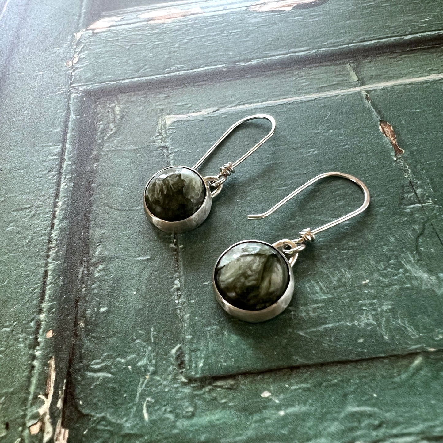 STERLING SILVER SERAPHINITE BEZEL EARRINGS -  WINGS OF THE ANGELS TALISMAN