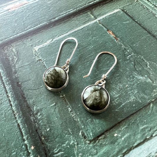 STERLING SILVER SERAPHINITE BEZEL EARRINGS -  WINGS OF THE ANGELS TALISMAN