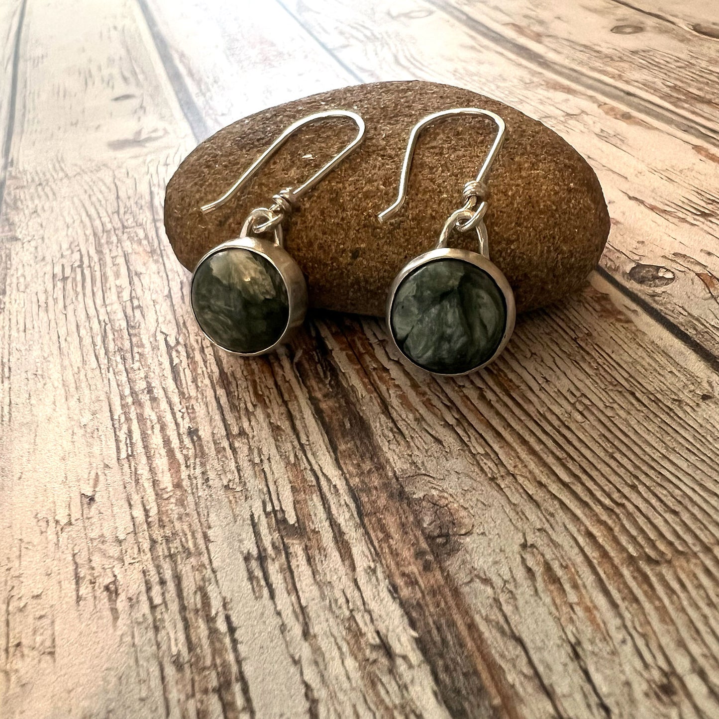 STERLING SILVER SERAPHINITE BEZEL EARRINGS -  WINGS OF THE ANGELS TALISMAN