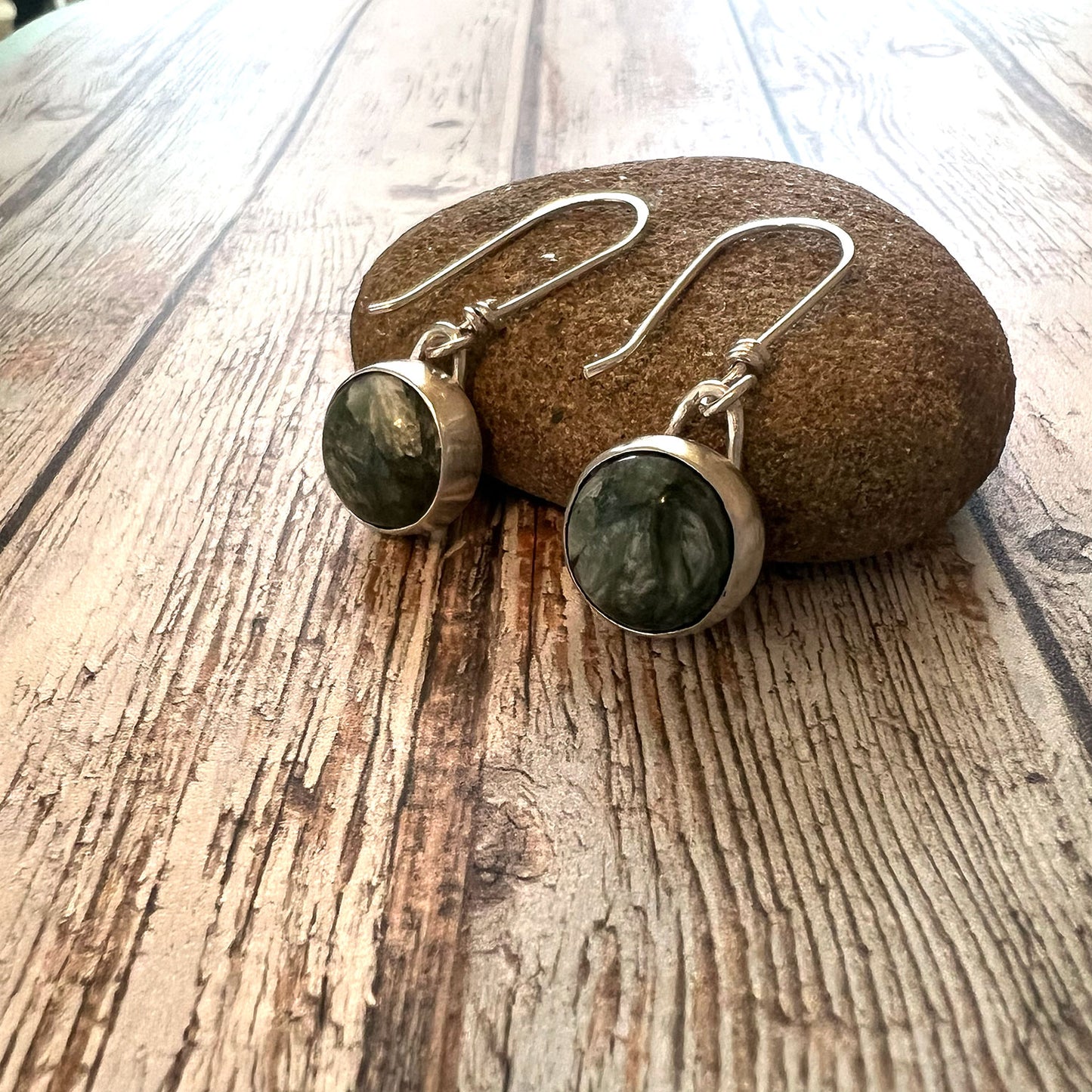 STERLING SILVER SERAPHINITE BEZEL EARRINGS -  WINGS OF THE ANGELS TALISMAN