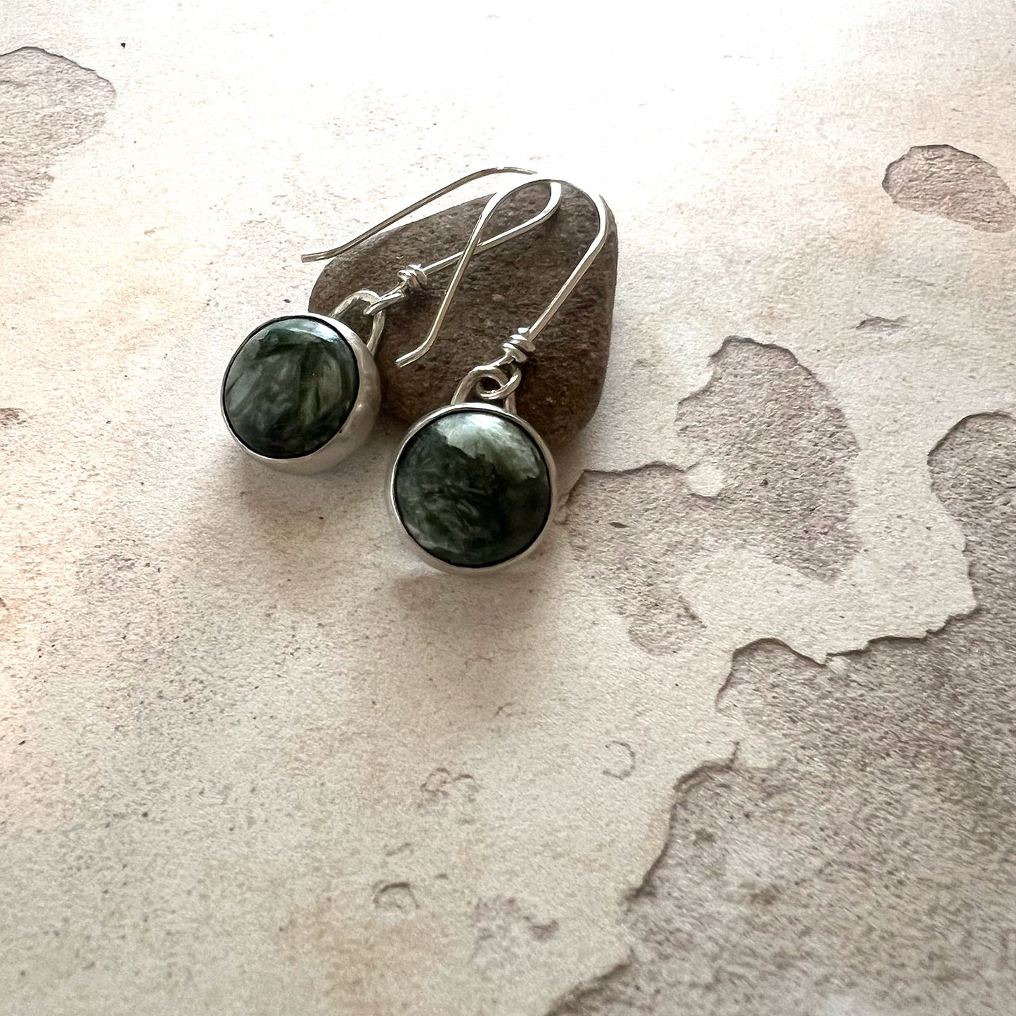 STERLING SILVER SERAPHINITE BEZEL EARRINGS -  WINGS OF THE ANGELS TALISMAN