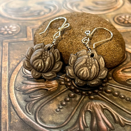 STERLING SILVER SHEEN OBSIDIAN LOTUS EARRINGS - LIGHT INTO DARKNESS TALISMAN