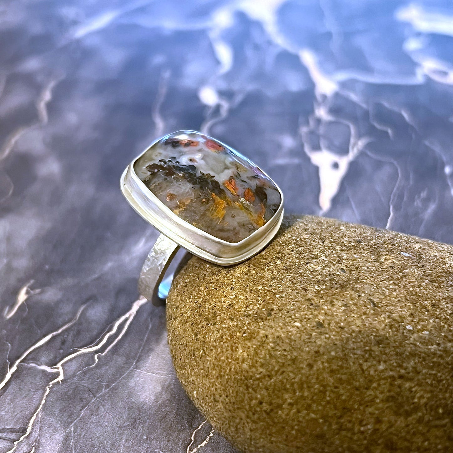 STERLING SILVER TEXAS PLUME AGATE RING - PROTECTIVE EMBRACE TALISMAN