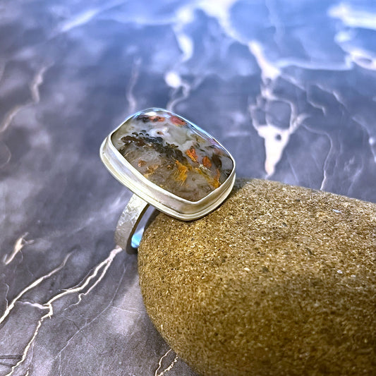 STERLING SILVER TEXAS PLUME AGATE RING - PROTECTIVE EMBRACE TALISMAN