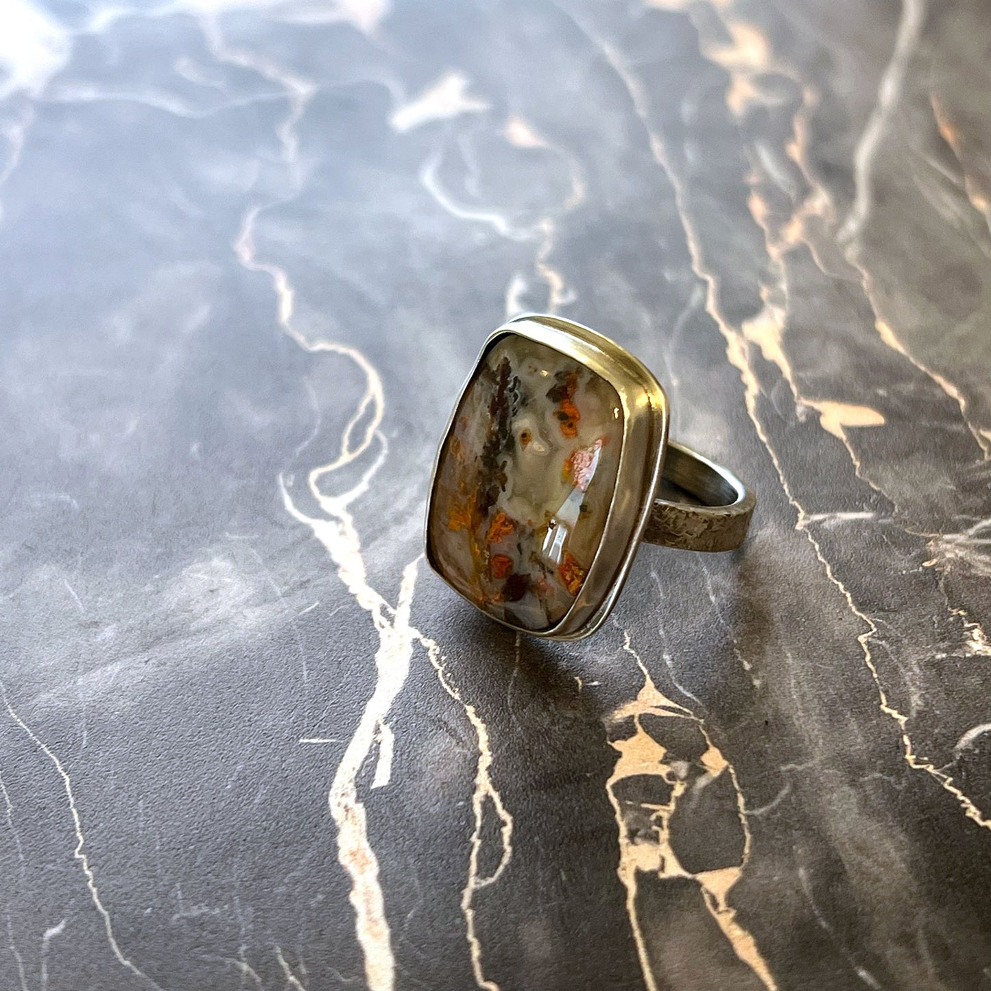STERLING SILVER TEXAS PLUME AGATE RING - PROTECTIVE EMBRACE TALISMAN