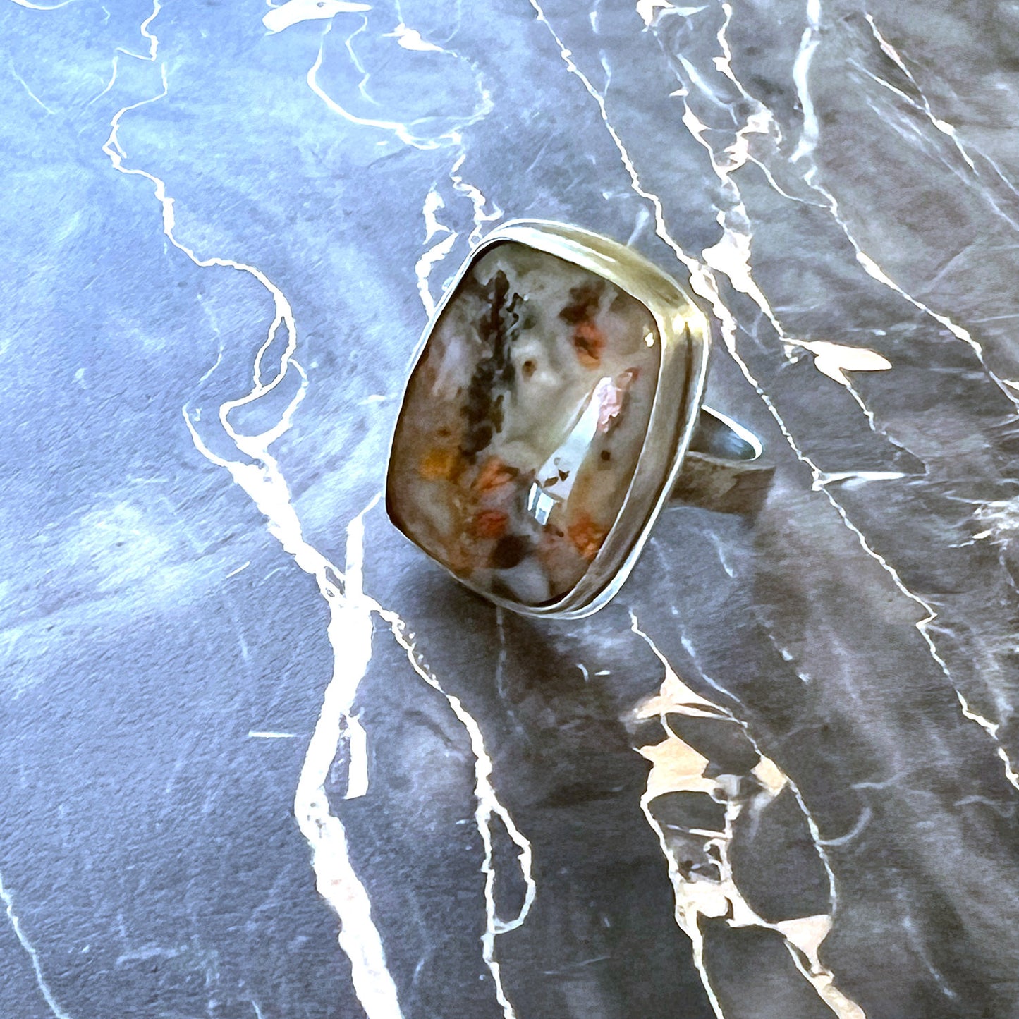 STERLING SILVER TEXAS PLUME AGATE RING - PROTECTIVE EMBRACE TALISMAN