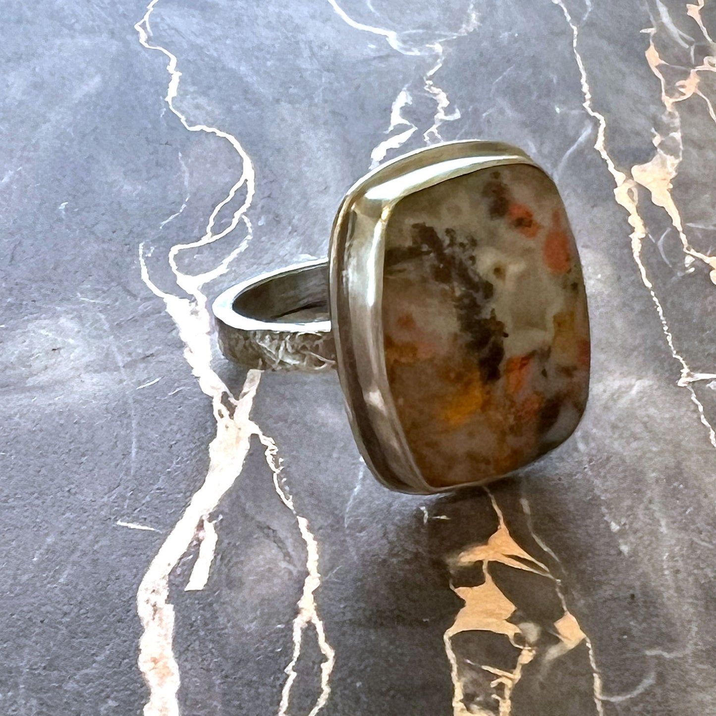 STERLING SILVER TEXAS PLUME AGATE RING - PROTECTIVE EMBRACE TALISMAN