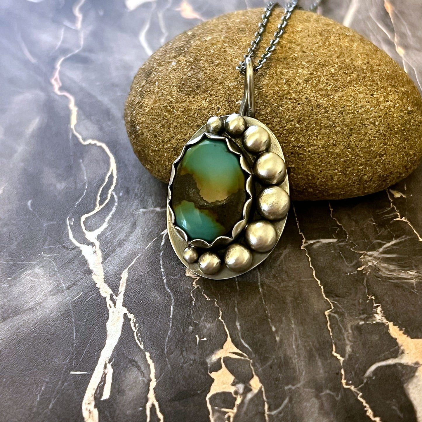 STERLING SILVER BAO CANYON TURQUOISE OVAL NECKLACE - HEAVEN AND EARTH TALISMAN