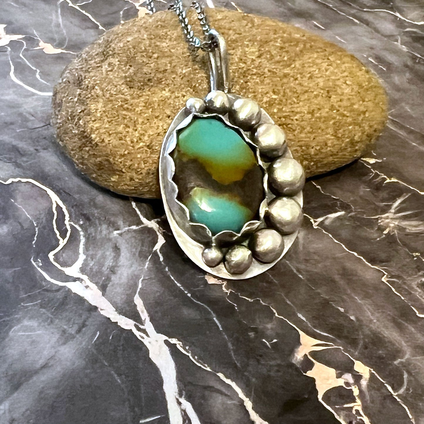 STERLING SILVER BAO CANYON TURQUOISE OVAL NECKLACE - HEAVEN AND EARTH TALISMAN