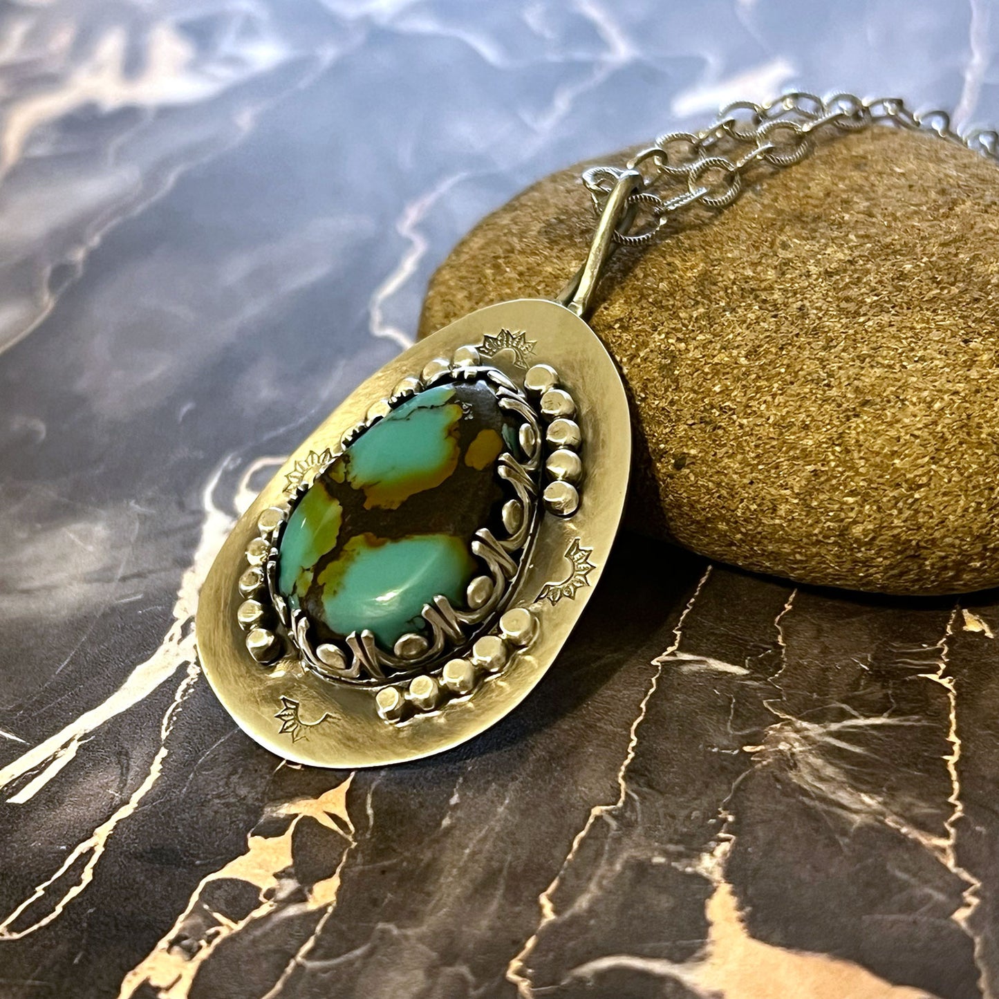 STERLING SILVER BAO CANYON TURQUOISE TEARDROP NECKLACE - HEAVEN AND EARTH TALISMAN