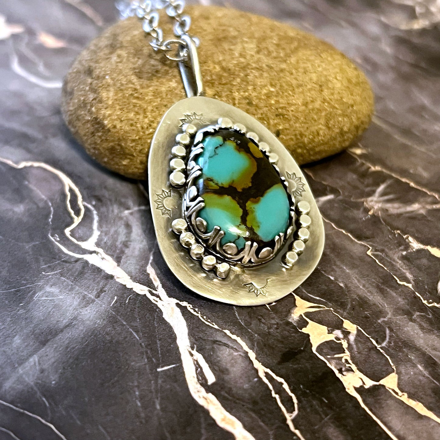 STERLING SILVER BAO CANYON TURQUOISE TEARDROP NECKLACE - HEAVEN AND EARTH TALISMAN