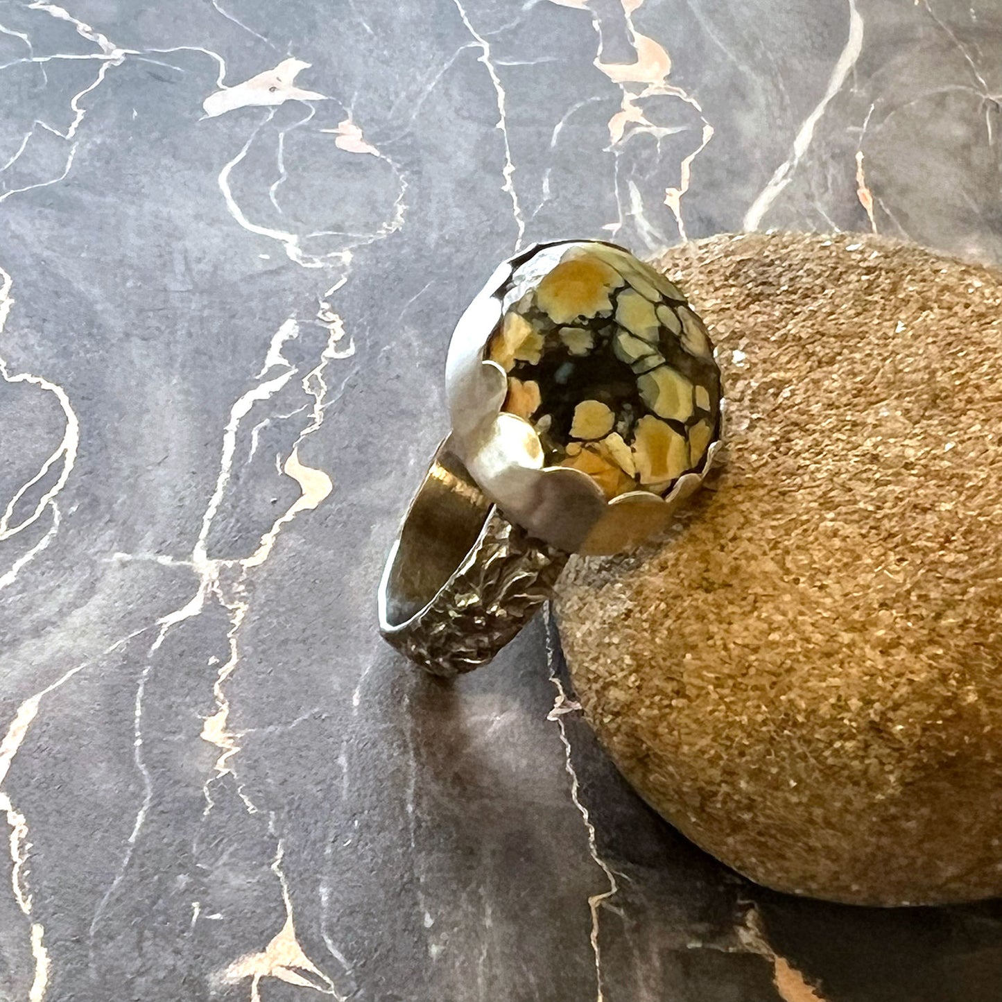 STERLING SILVER POLYCHROME WHITE RIVER RING - MOTHER EARTH TALISMAN