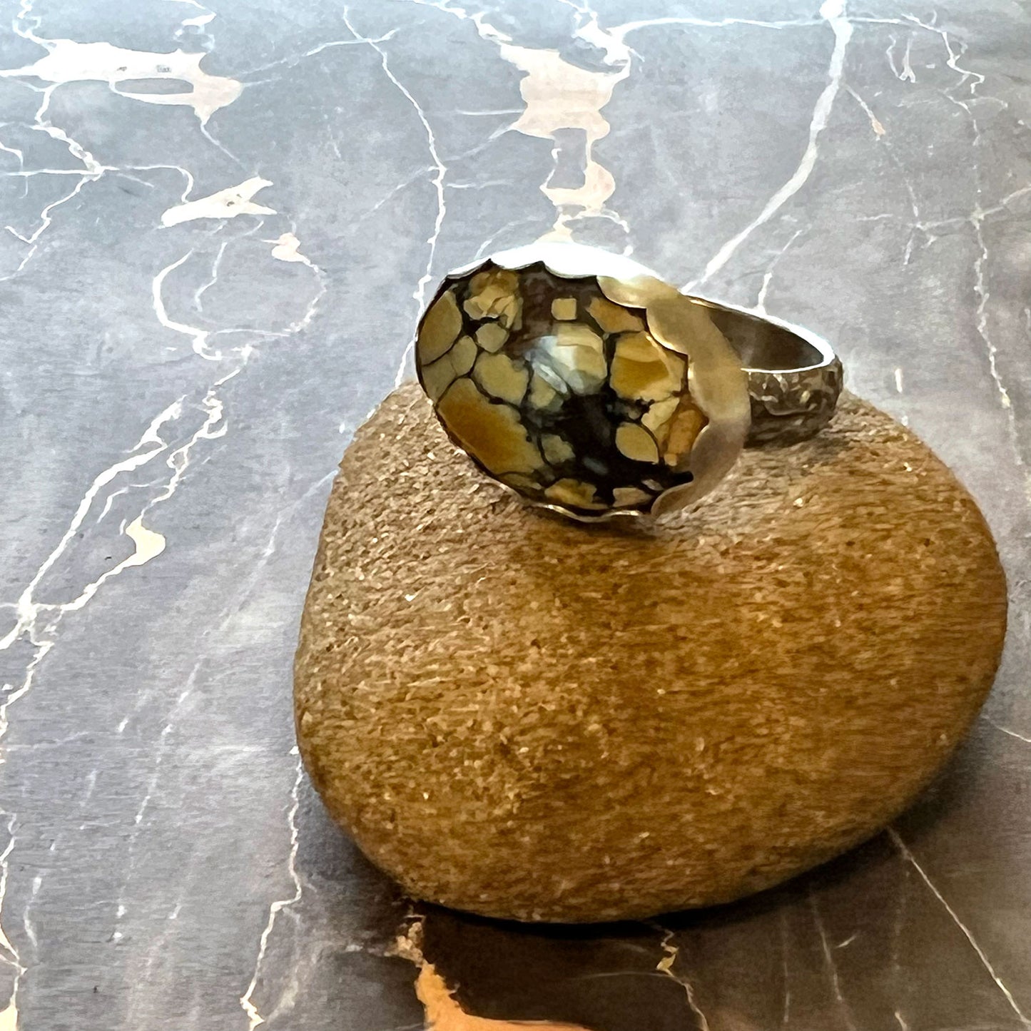 STERLING SILVER POLYCHROME WHITE RIVER RING - MOTHER EARTH TALISMAN