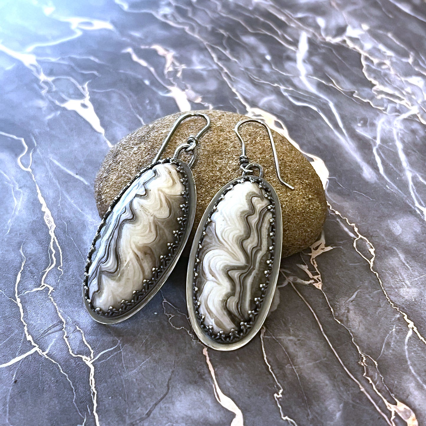 STERLING SILVER ZEBRA CALCITE EARRINGS - SELF WORTH TALISMAN