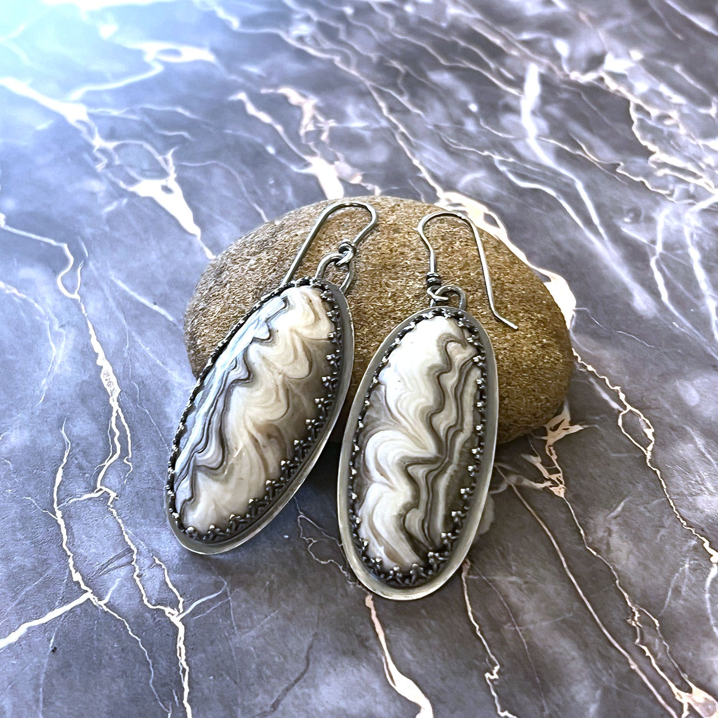 STERLING SILVER ZEBRA CALCITE EARRINGS - SELF WORTH TALISMAN