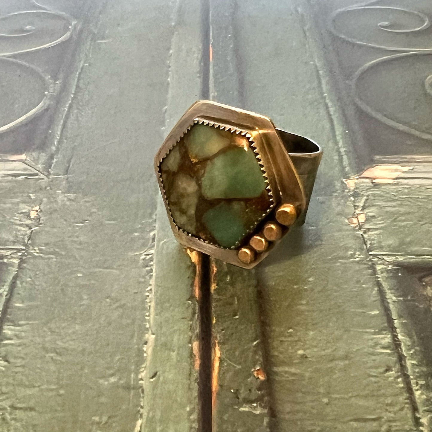 STERLING SILVER PERUVIAN AMAZONITE BRONZE RING - SOUL SOOTHING TALISMAN