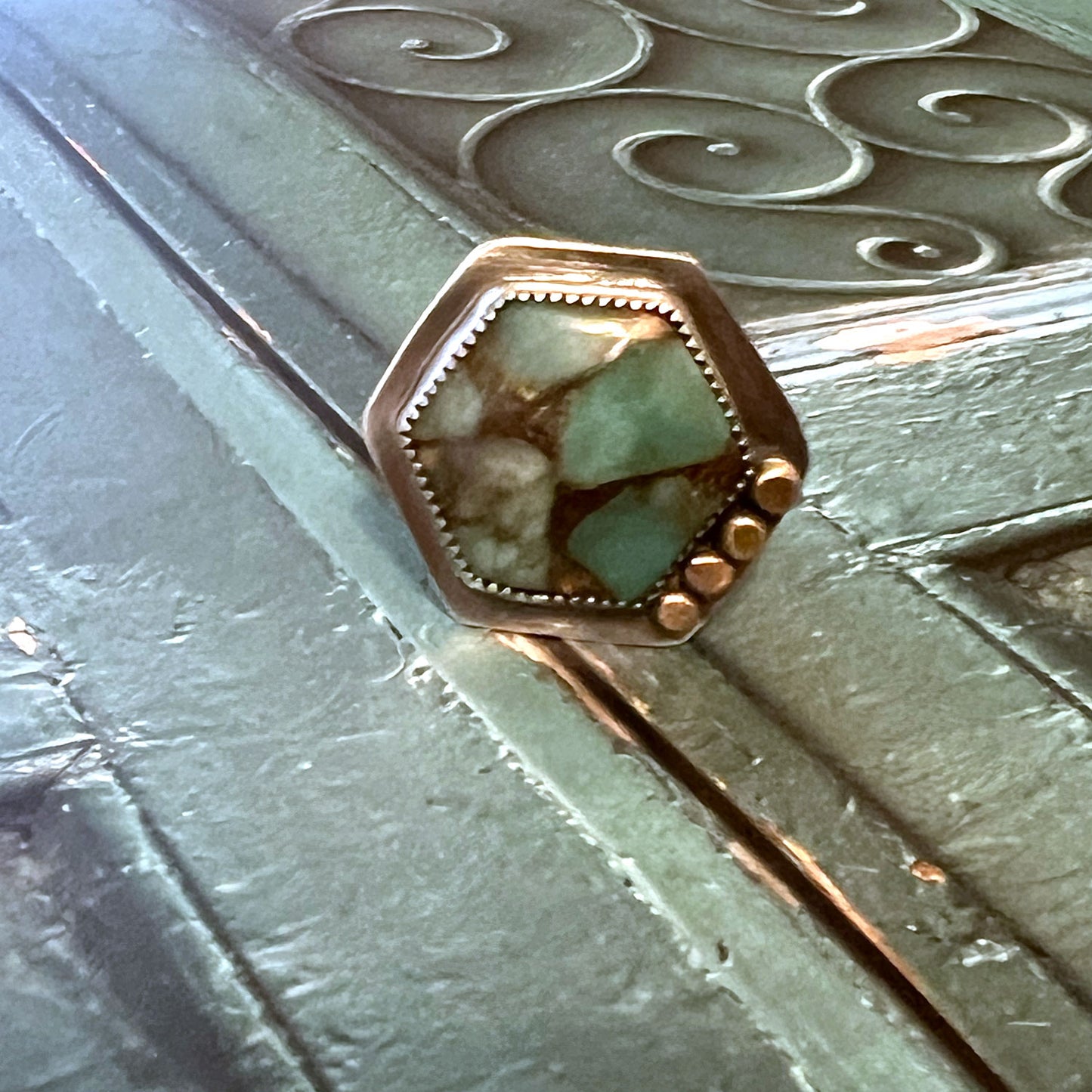 STERLING SILVER PERUVIAN AMAZONITE BRONZE RING - SOUL SOOTHING TALISMAN