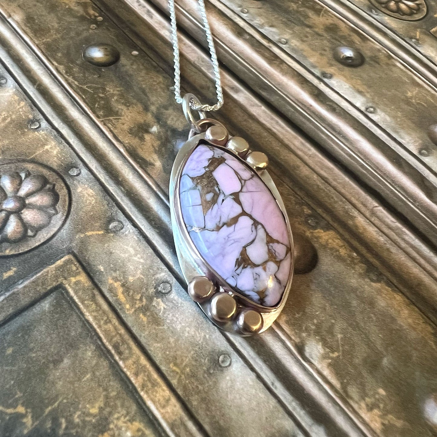 STERLING SILVER BRONZE LAVENDAR DAHLIA TURQUOISE NECKLACE - HEAVEN AND EARTH TALISMAN