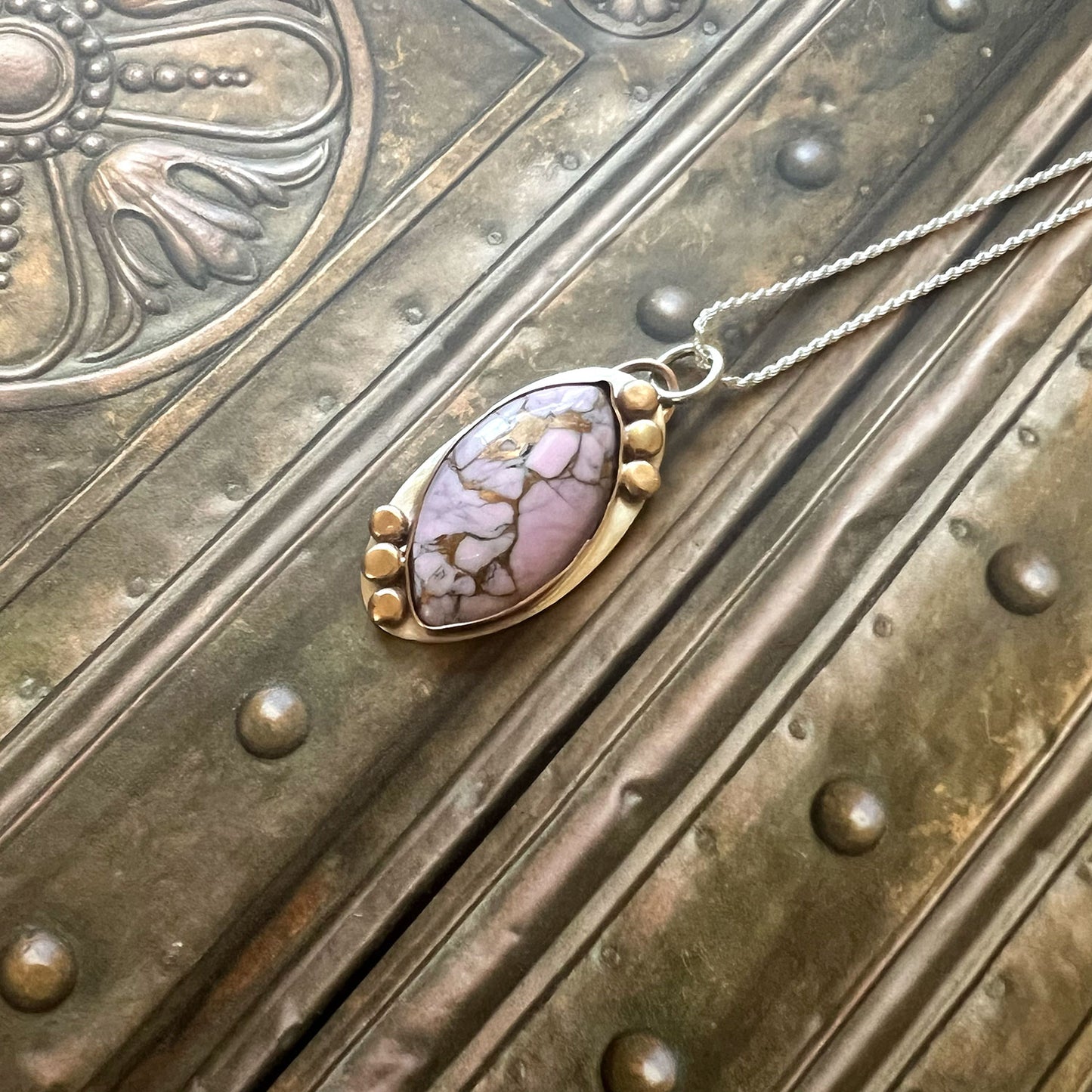 STERLING SILVER BRONZE LAVENDAR DAHLIA TURQUOISE NECKLACE - HEAVEN AND EARTH TALISMAN