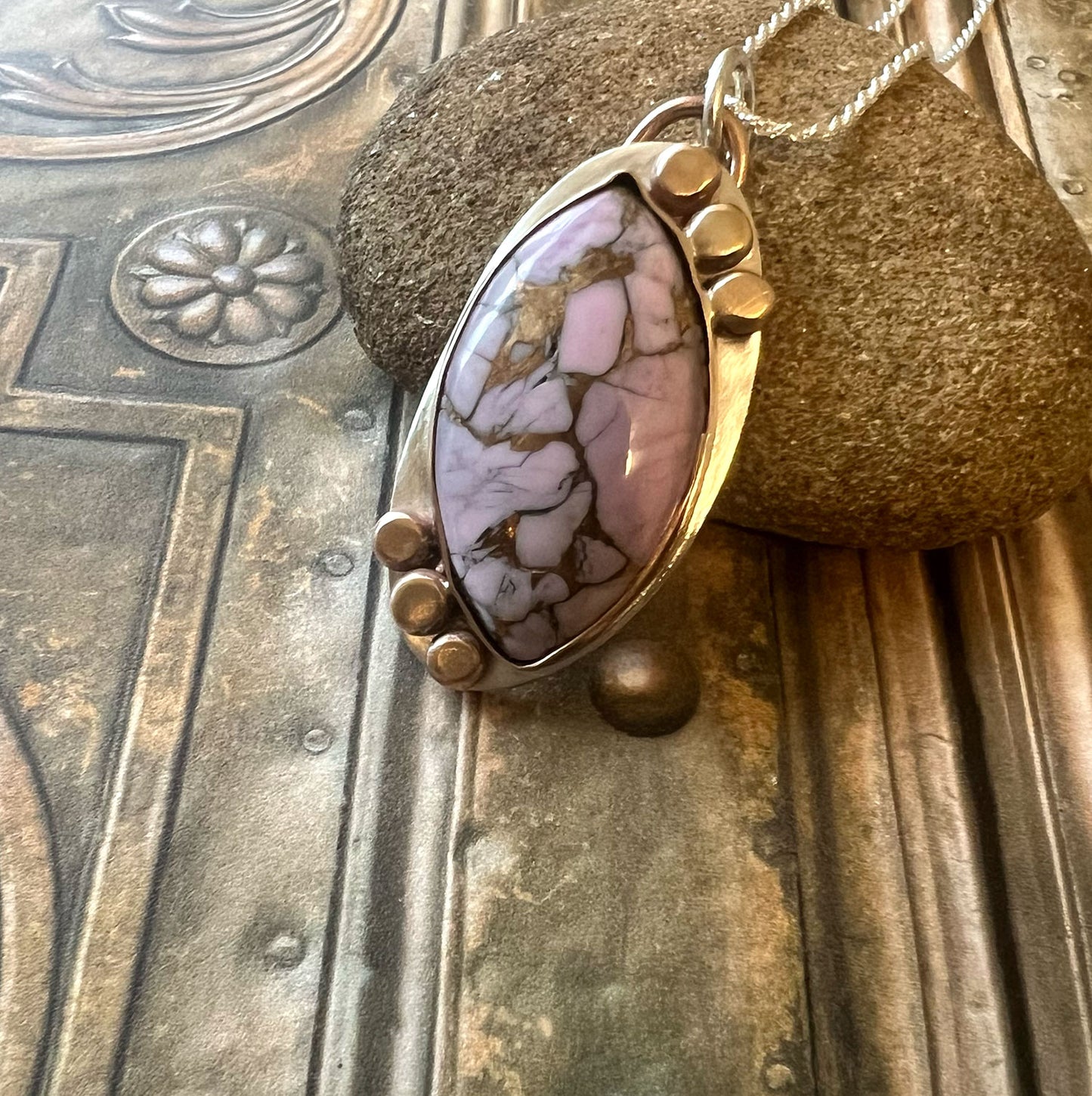 STERLING SILVER BRONZE LAVENDAR DAHLIA TURQUOISE NECKLACE - HEAVEN AND EARTH TALISMAN