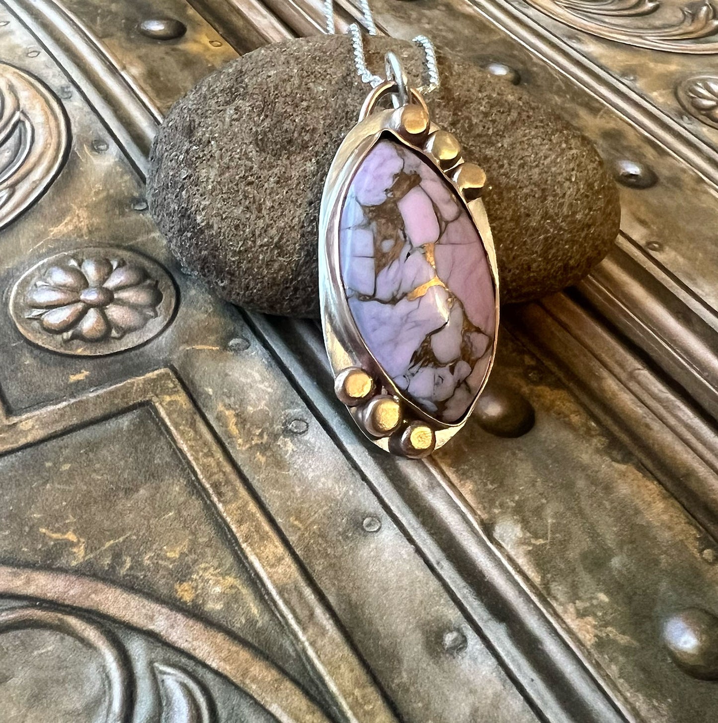 STERLING SILVER BRONZE LAVENDAR DAHLIA TURQUOISE NECKLACE - HEAVEN AND EARTH TALISMAN