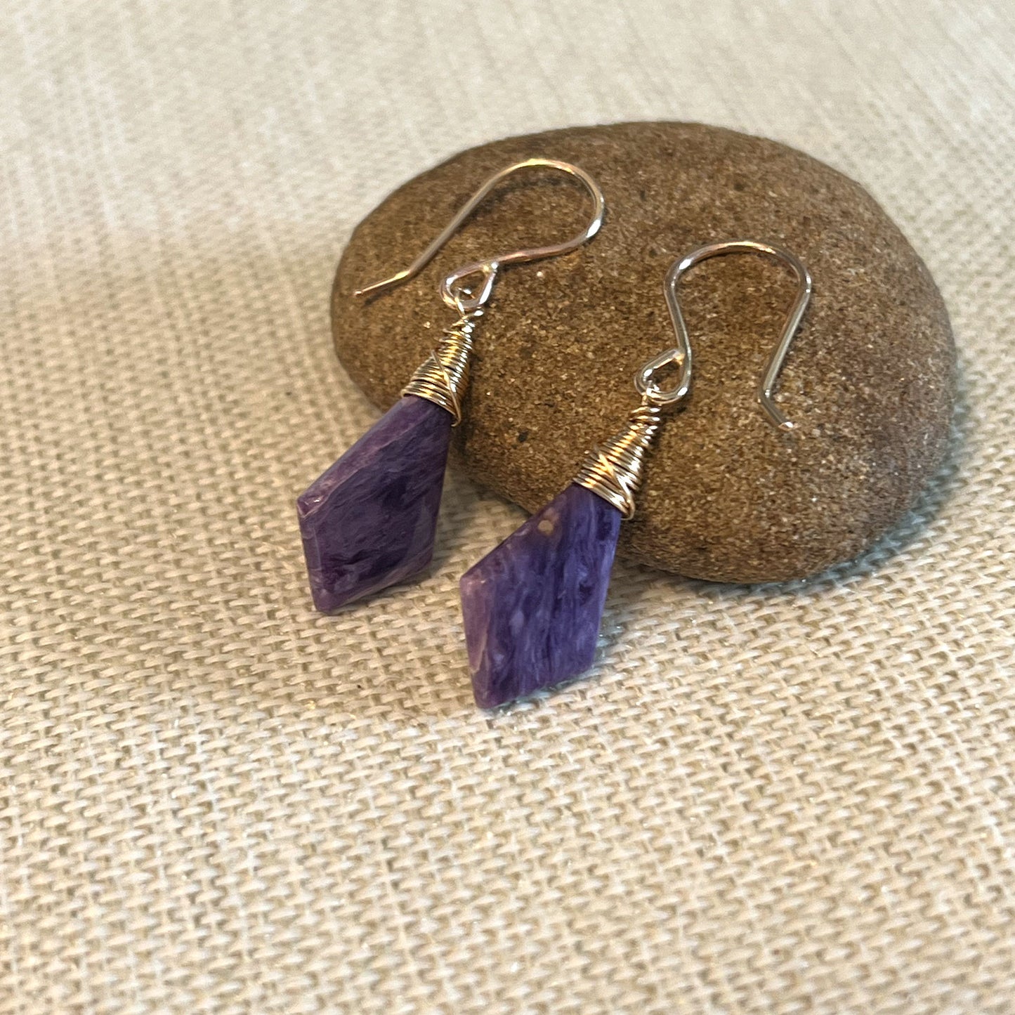 STERLING SILVER/GOLD FILLED CHAROITE KITE EARRINGS - I ACCEPT TALISMAN