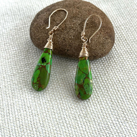 GOLD FILLED GREEN COPPER TURQUOISE EARRINGS - HEAVEN AND EARTH TALISMAN