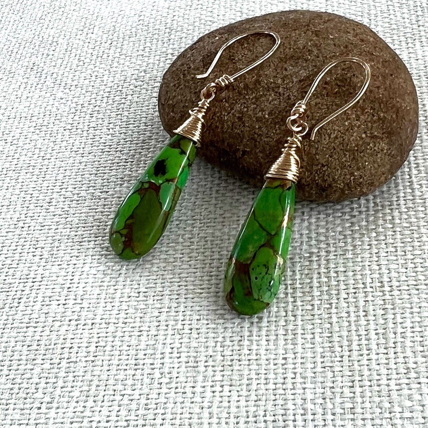 GOLD FILLED GREEN COPPER TURQUOISE EARRINGS - HEAVEN AND EARTH TALISMAN