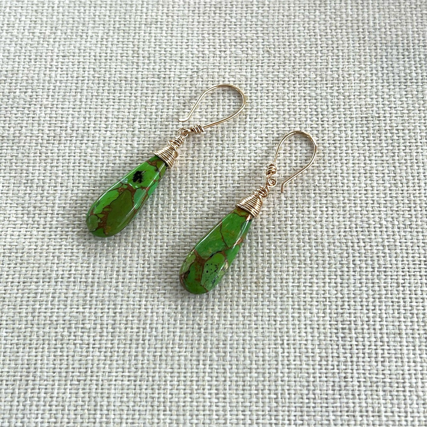 GOLD FILLED GREEN COPPER TURQUOISE EARRINGS - HEAVEN AND EARTH TALISMAN