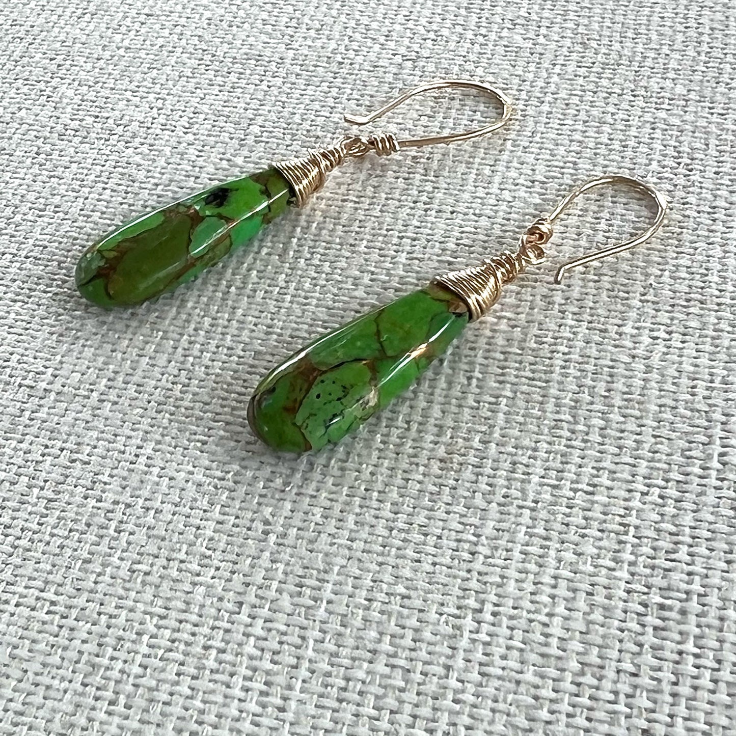 GOLD FILLED GREEN COPPER TURQUOISE EARRINGS - HEAVEN AND EARTH TALISMAN