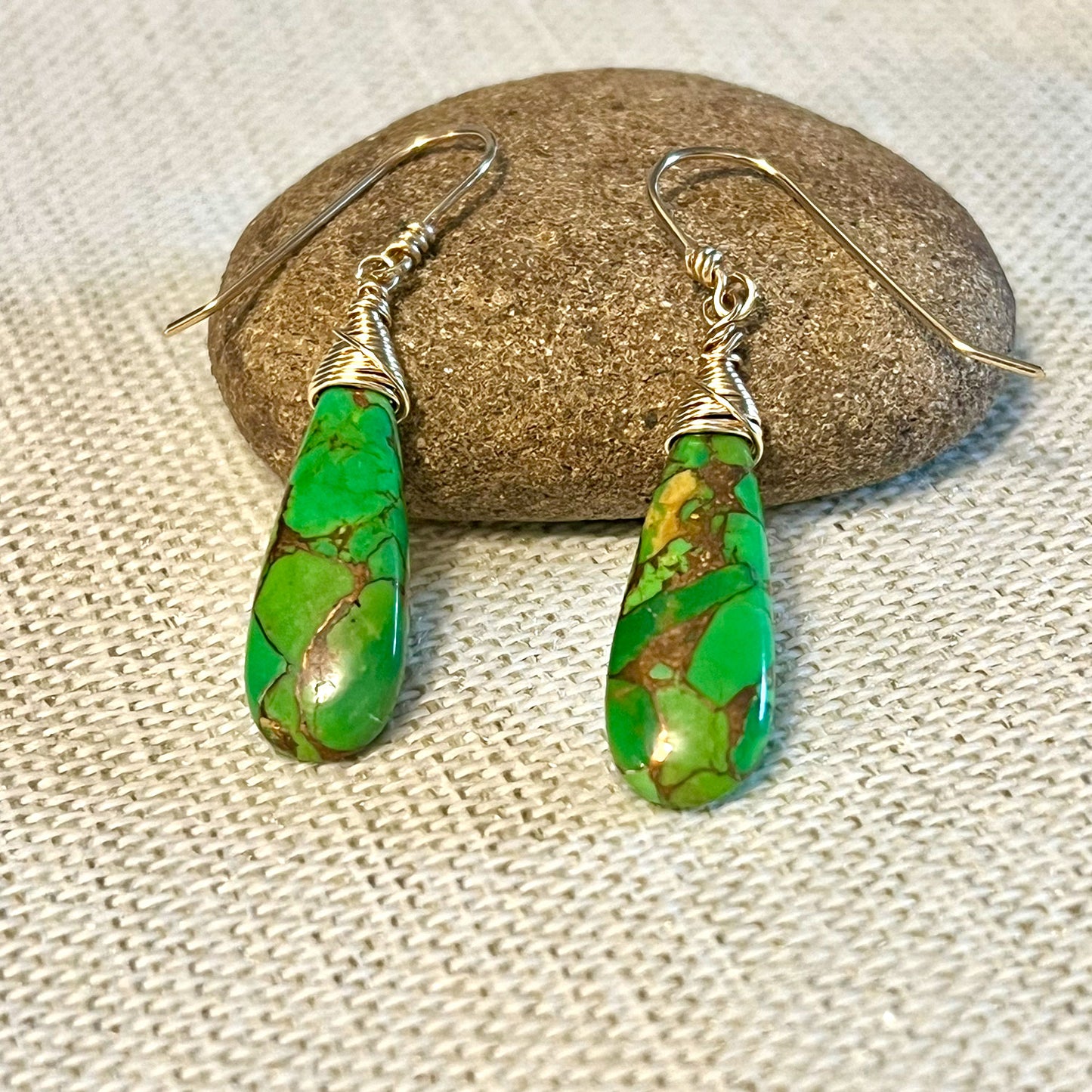 GOLD FILLED GREEN COPPER TURQUOISE EARRINGS - HEAVEN AND EARTH TALISMAN