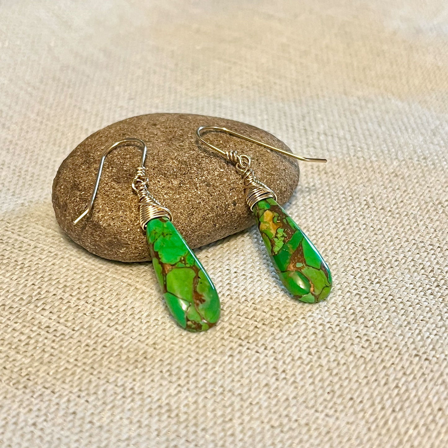 GOLD FILLED GREEN COPPER TURQUOISE EARRINGS - HEAVEN AND EARTH TALISMAN