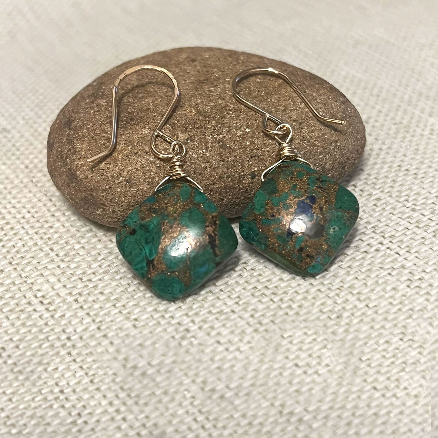 GOLD FILLED GREEN COPPER TURQUOISE EARRINGS - HEAVEN AND EARTH TALISMAN