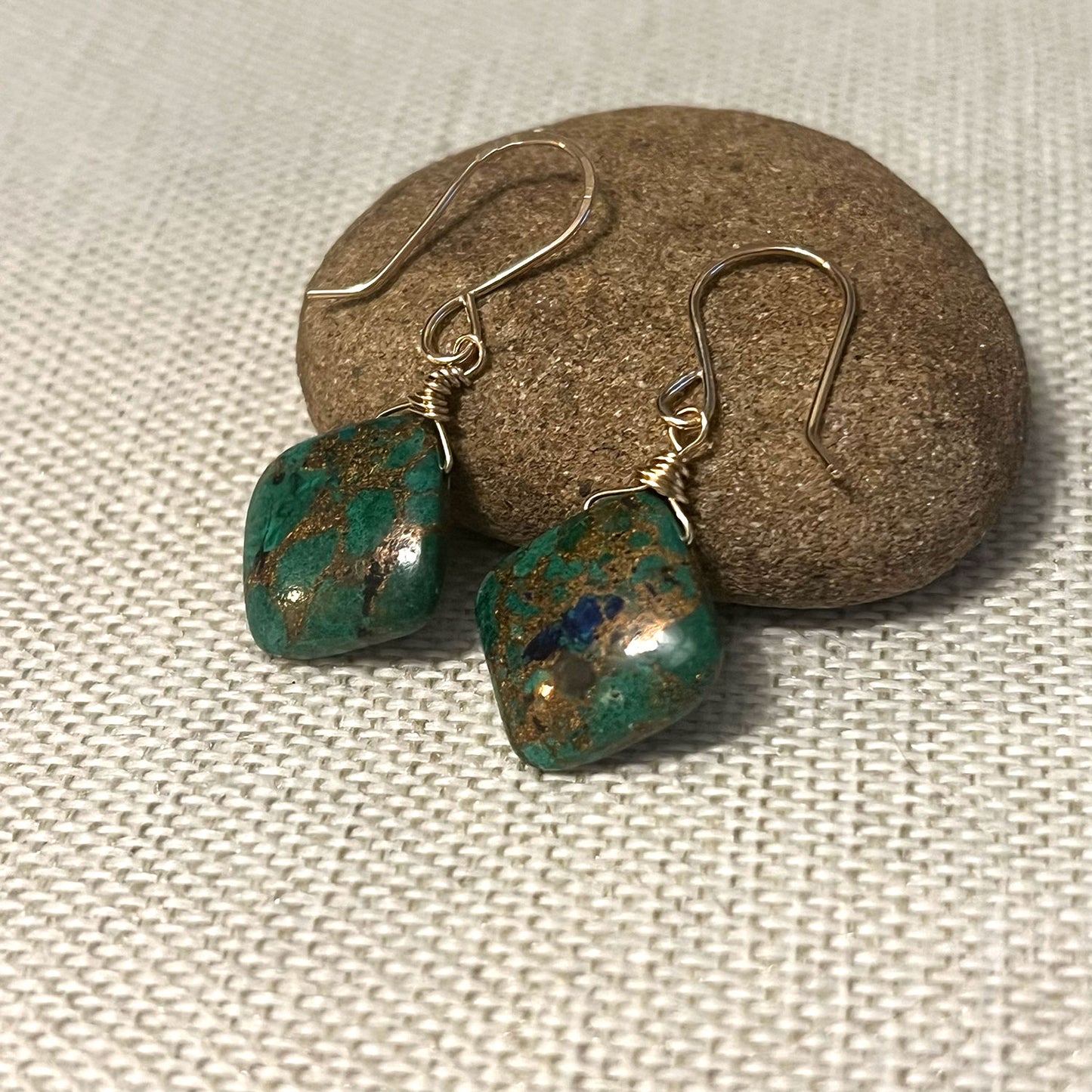 GOLD FILLED GREEN COPPER TURQUOISE EARRINGS - HEAVEN AND EARTH TALISMAN