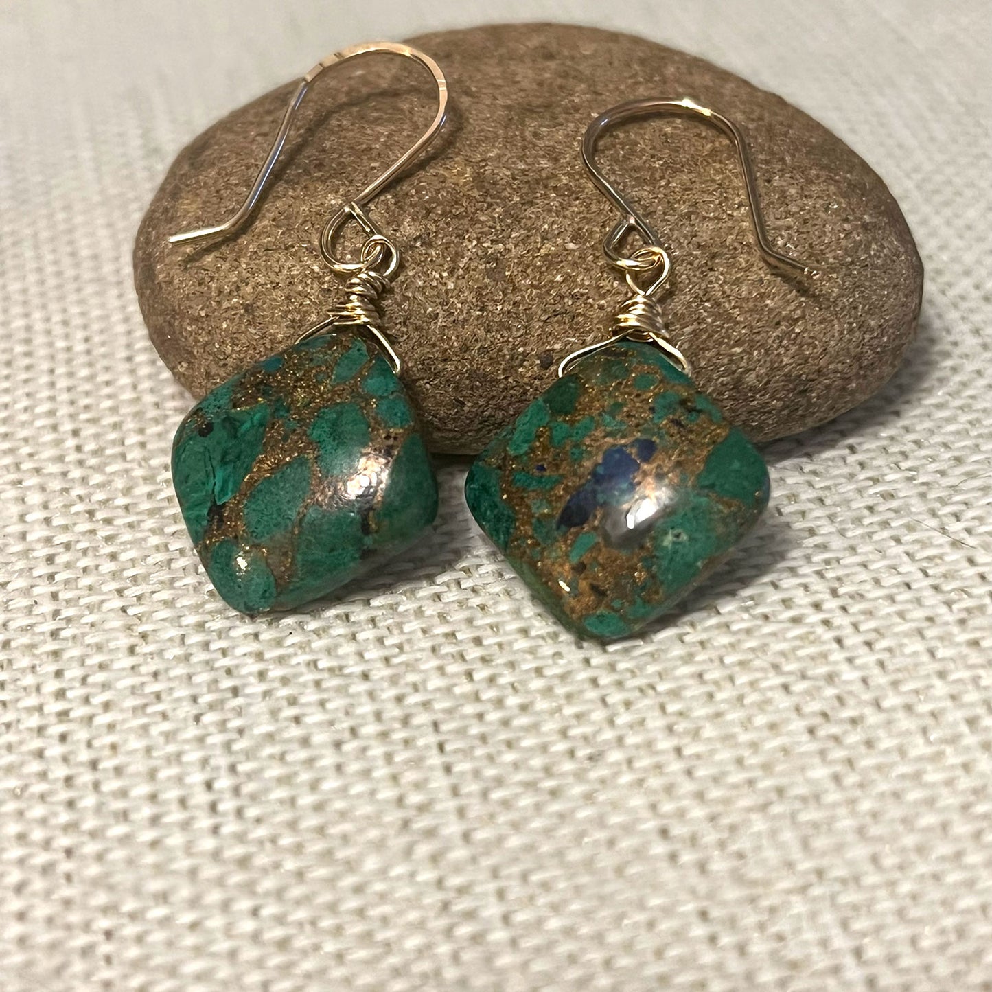 GOLD FILLED GREEN COPPER TURQUOISE EARRINGS - HEAVEN AND EARTH TALISMAN