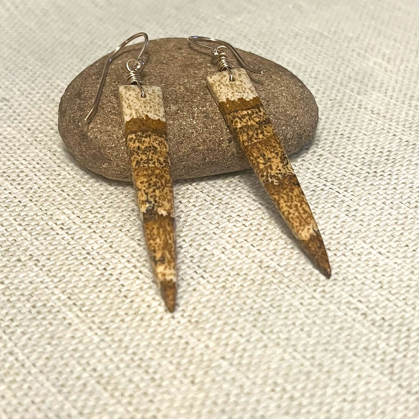 GOLD FILLED PICTURE JASPER DAGGER EARRINGS - MOTHER EARTH TALISMAN