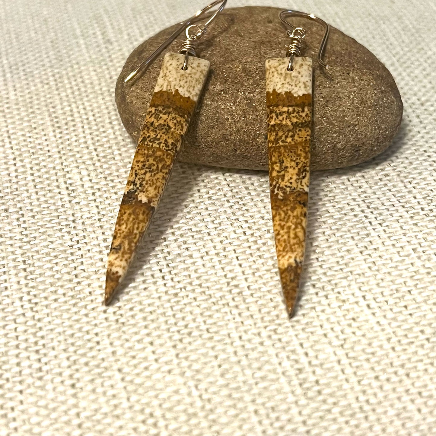 GOLD FILLED PICTURE JASPER DAGGER EARRINGS - MOTHER EARTH TALISMAN