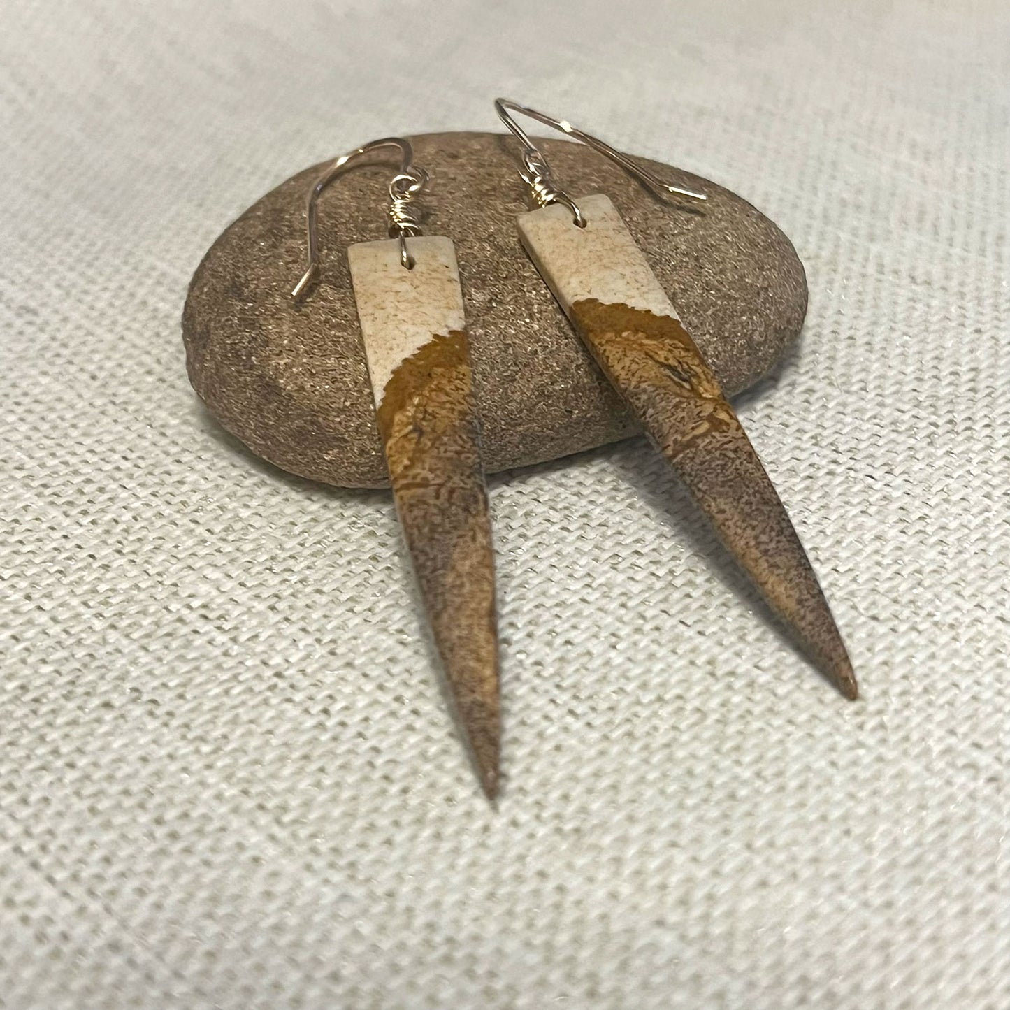 GOLD FILLED PICTURE JASPER DAGGER EARRINGS - MOTHER EARTH TALISMAN