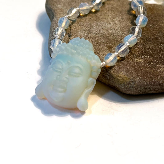 STERLING SILVER OPALITE WHITE BUDDHA NECKLACE - EFFECTIVE COMMUNICATION TALISMAN