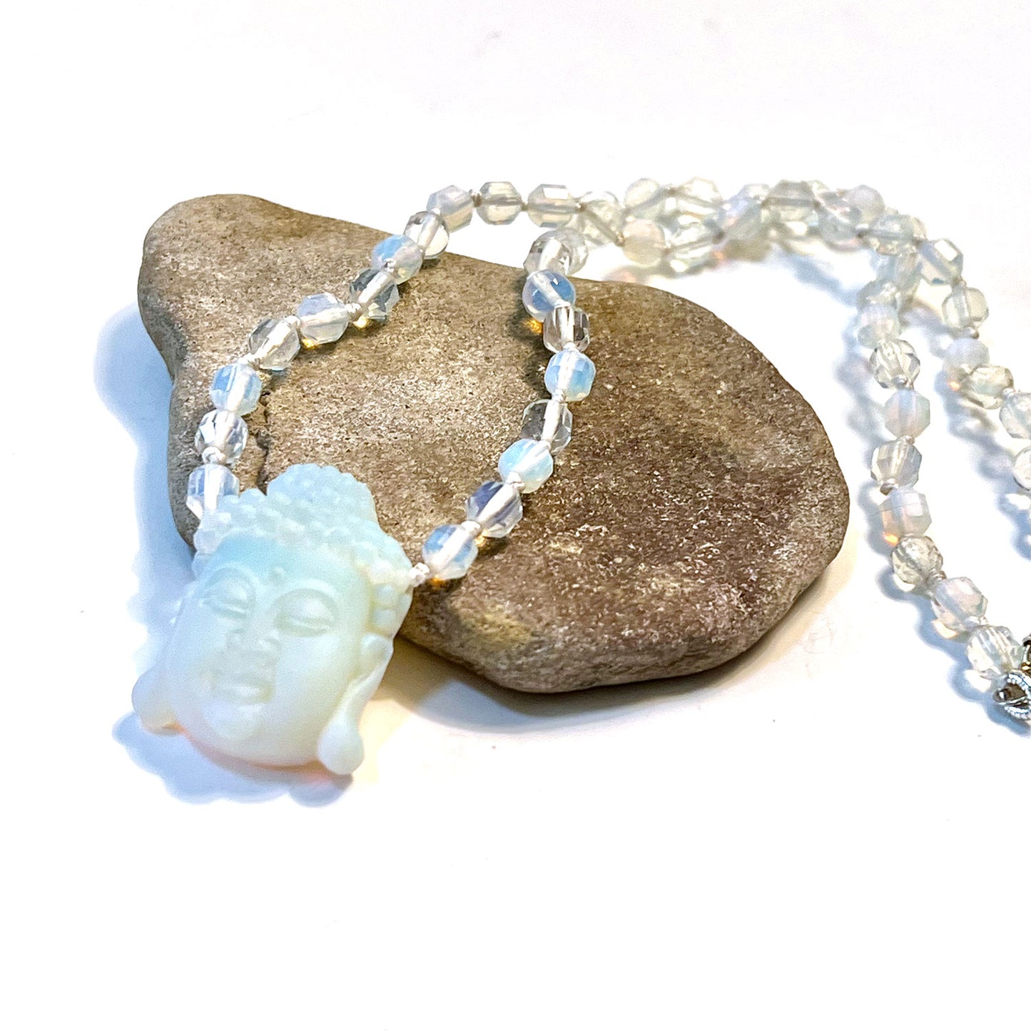 STERLING SILVER OPALITE WHITE BUDDHA NECKLACE - EFFECTIVE COMMUNICATION TALISMAN