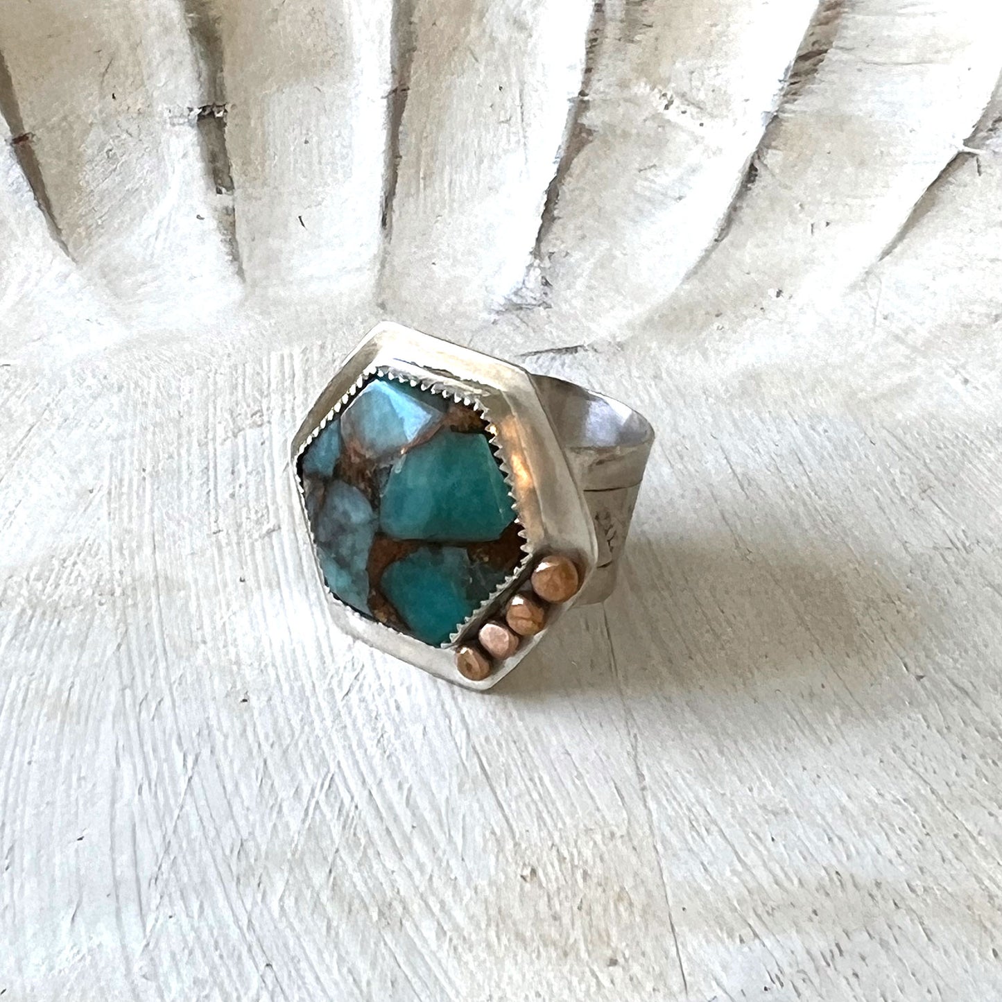 STERLING SILVER PERUVIAN AMAZONITE BRONZE RING - SOUL SOOTHING TALISMAN