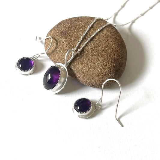 STERLING SILVER BEZEL SET AMETHYST NECKLACE EARRINGS - DREAMLAND TALISMAN